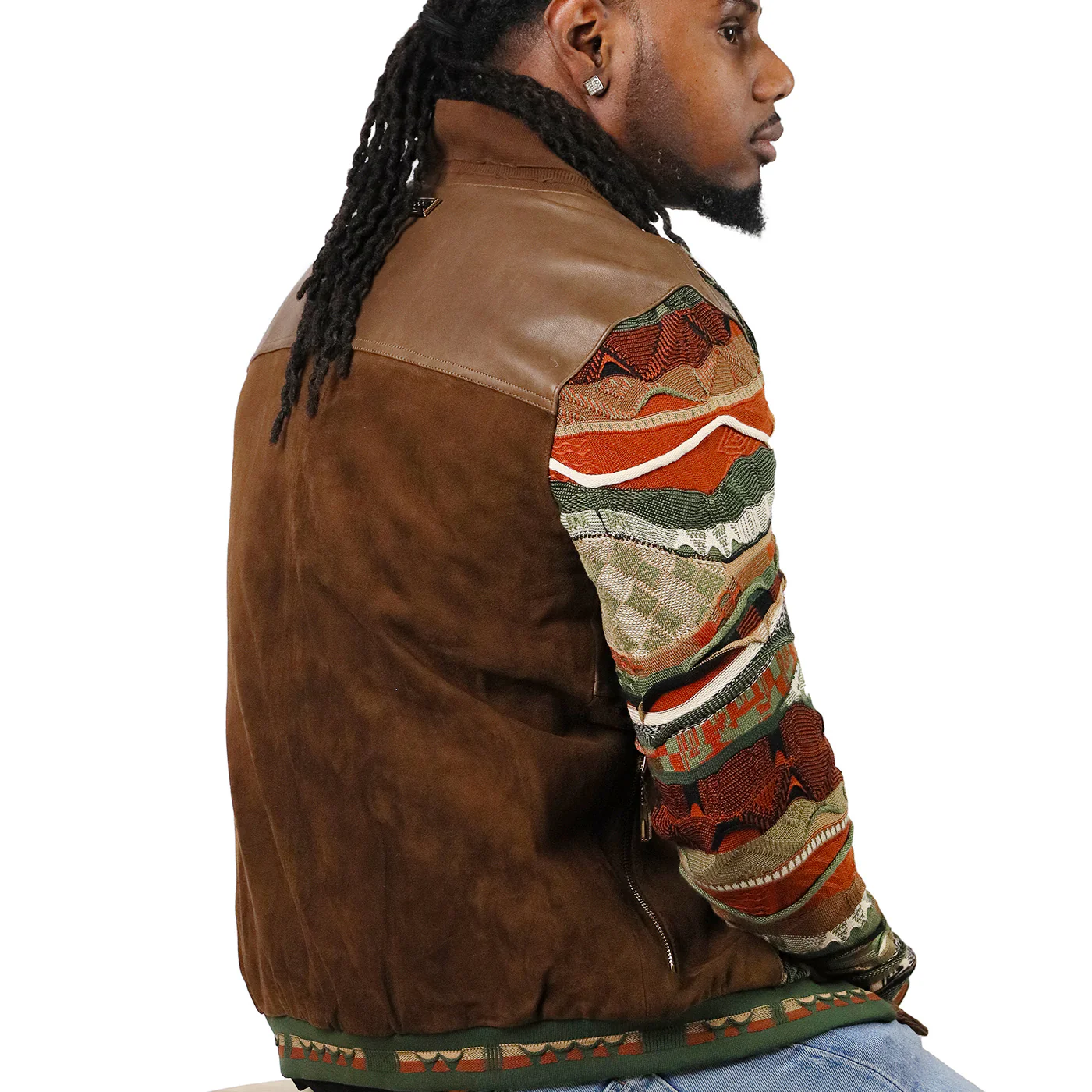 COOGI Leather, Suede and Sweater Pieced Cardigan -Brown - Image 3