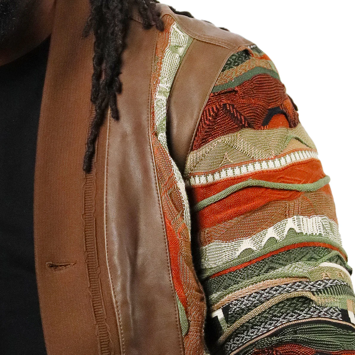 COOGI Leather, Suede and Sweater Pieced Cardigan -Brown - Image 4